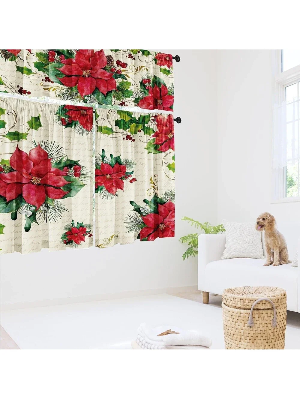 Poinsettia Christmas Curtain Valances Set, Upper & Lower Curtains